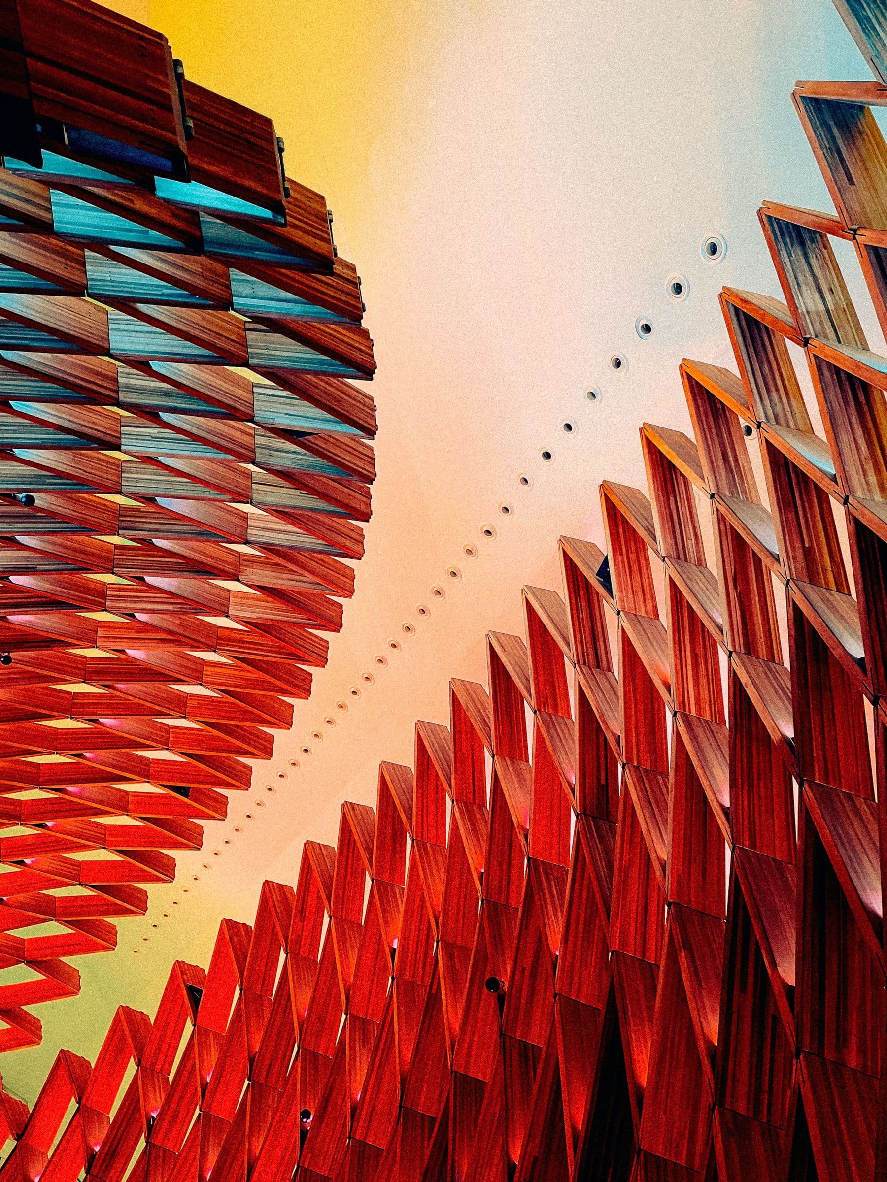 Bold architectural composition in blue and warm orange